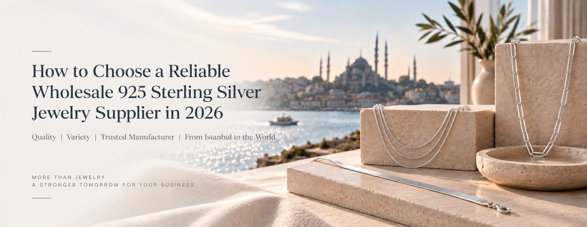 Wholesale 925 sterling silver jewelry supplier in 2026 featuring elegant silver chains and Istanbul-inspired luxury setting