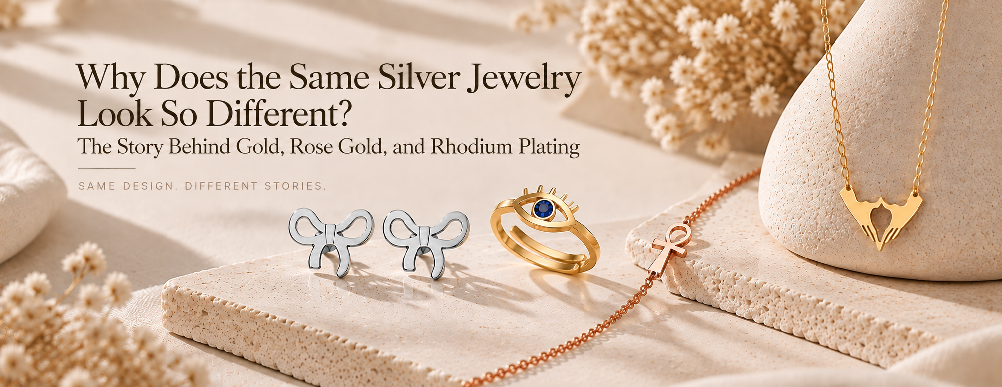 Luxury silver jewelry in gold, rose gold, and rhodium finishes, illustrating the differences in jewelry plating.