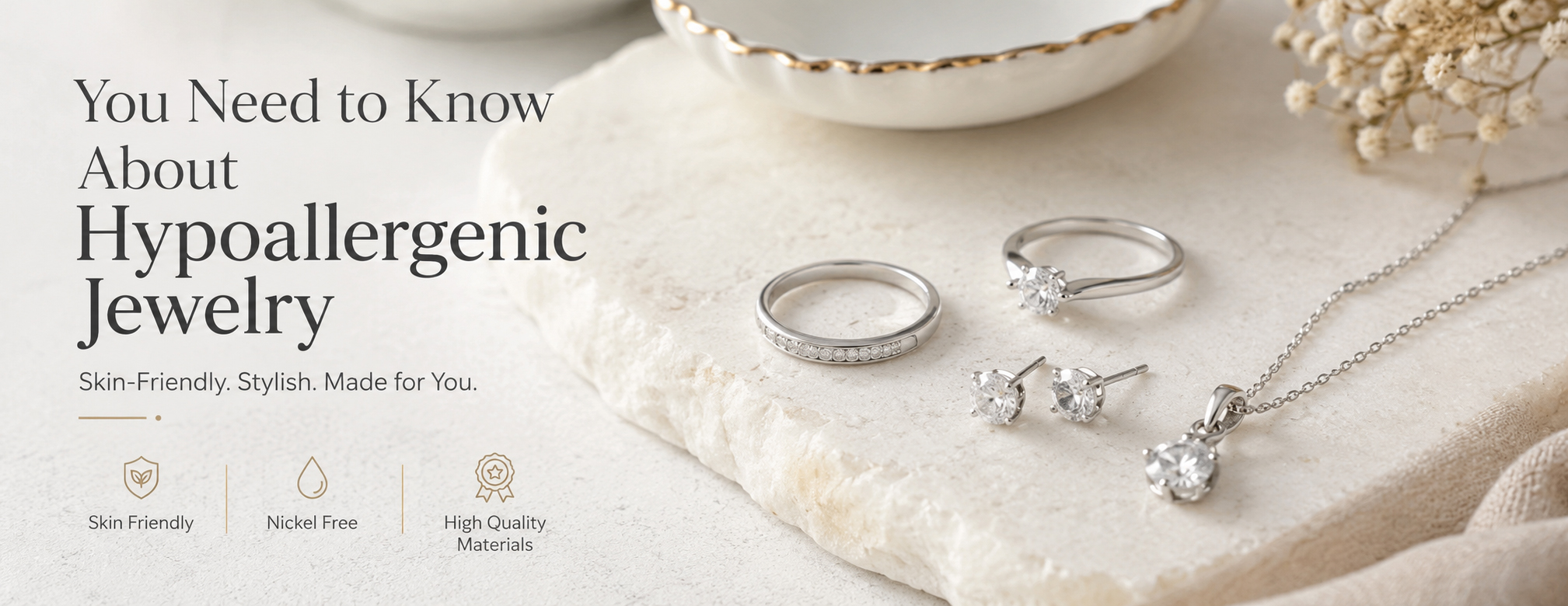 Hypoallergenic jewelry guide featuring sterling silver rings, necklace and earrings