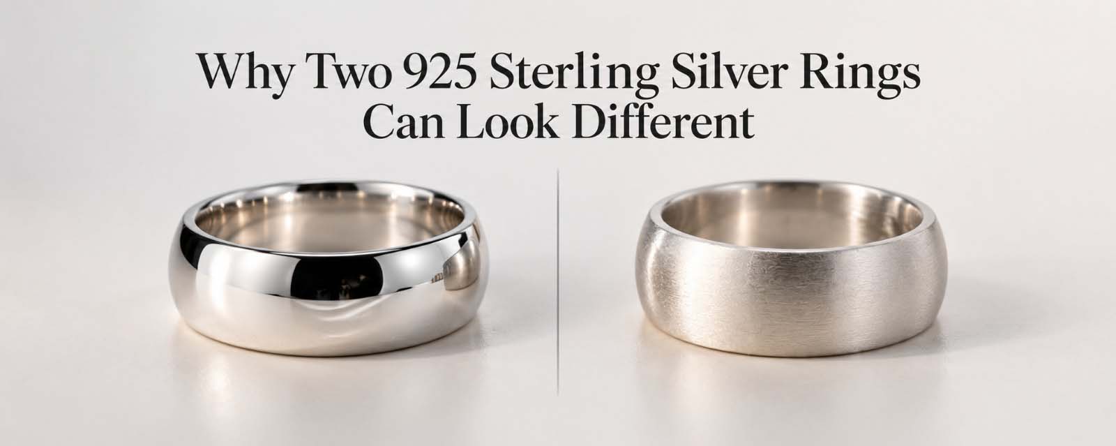 Two 925 sterling silver rings with different polished and textured finishes, illustrating differences in craftsmanship and surface appearance. Kopyala