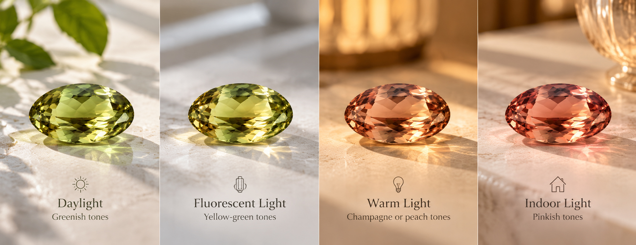 Zultanite gemstone showing green, yellow-green, champagne and pinkish tones under different lighting conditions.