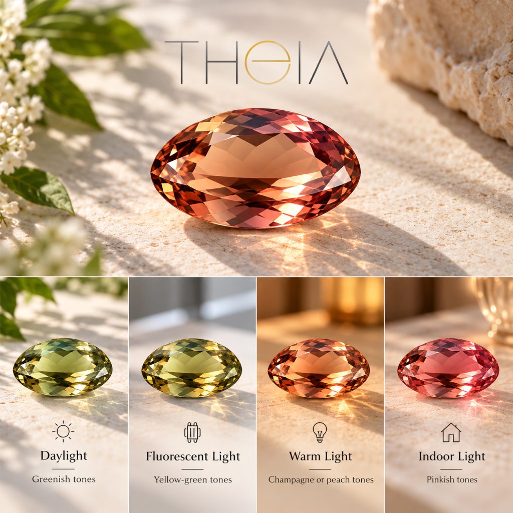 Zultanite gemstone showing green, yellow-green, champagne and pinkish tones under different lighting conditions.