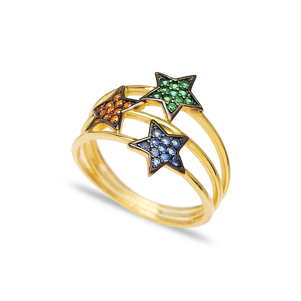 Triple Minimalist Star Charm Mix Stone Ring Wholesale Handcrafted 925 Sterling Silver Jewelry