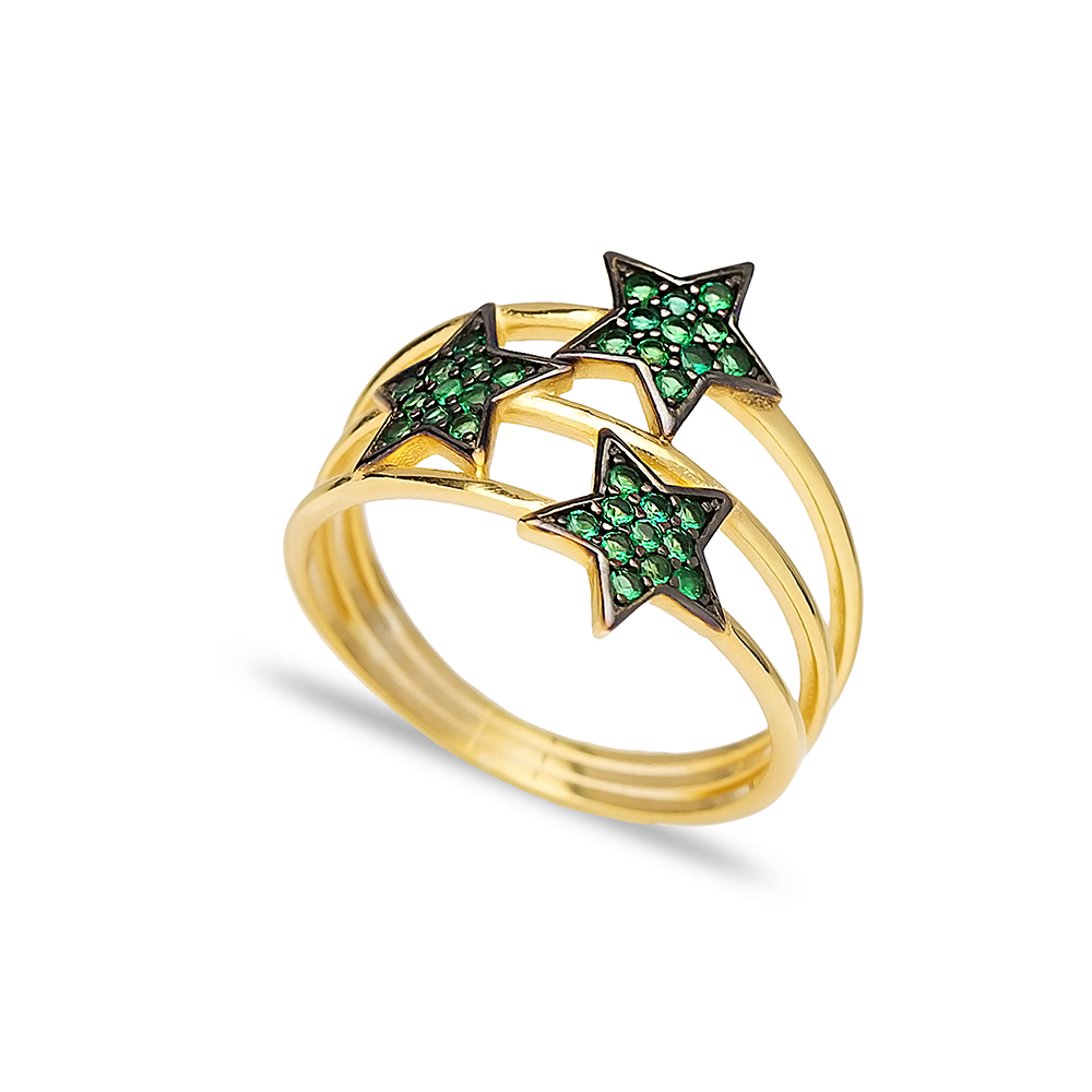 Triple Minimalist Star Charm Emerald Stone Ring Wholesale Handcrafted 925 Sterling Silver Jewelry