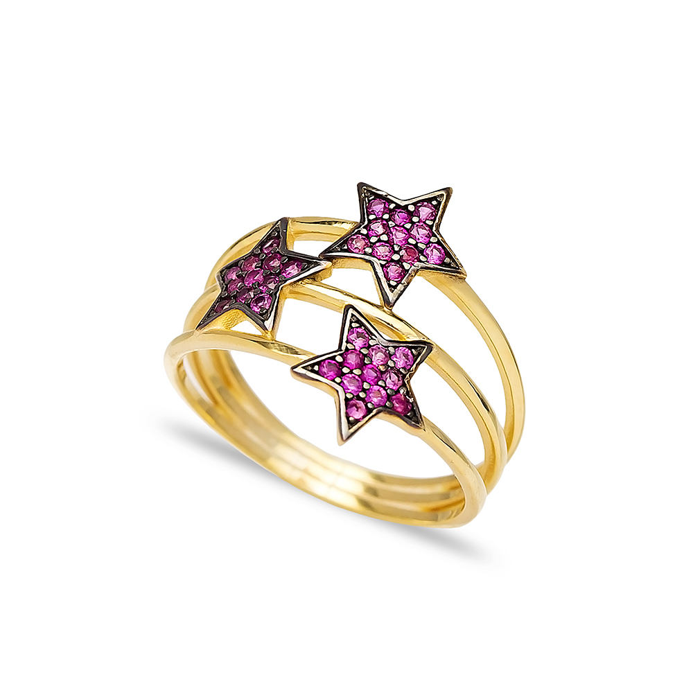 Triple Minimalist Star Charm Ruby Ring Wholesale Handcrafted 925 Sterling Silver Jewelry