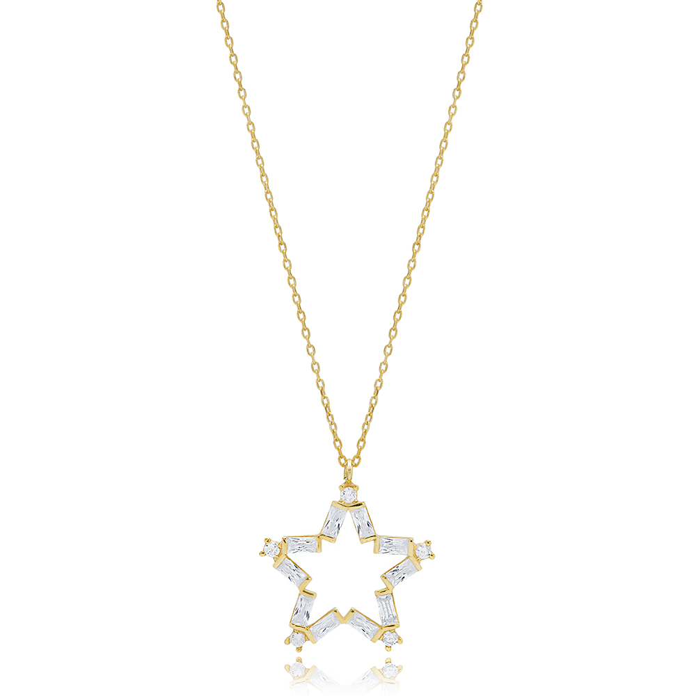 Minimalist Star Design With Baguette StoneTurkish Wholesale 925 Sterling Silver Charm Pendant