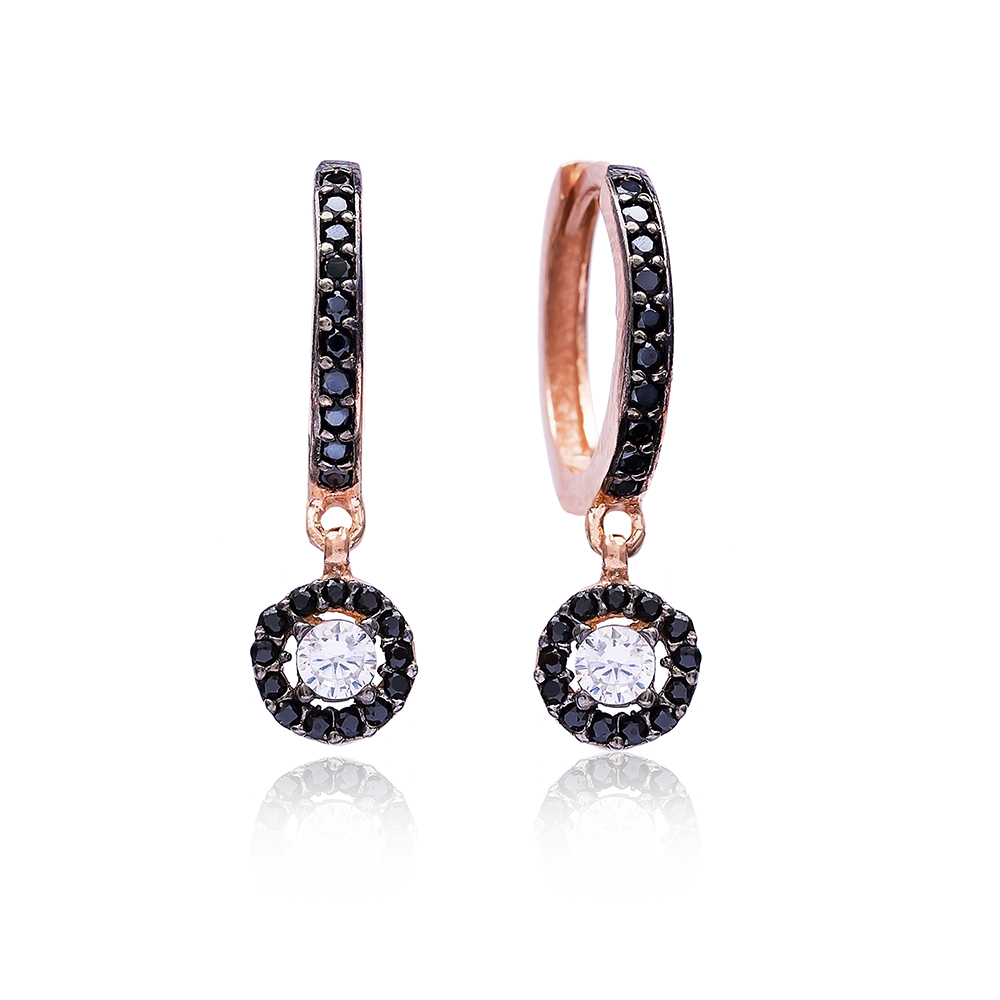 Black Zircon Round Earrings Wholesale 925 Sterling Silver Jewelry