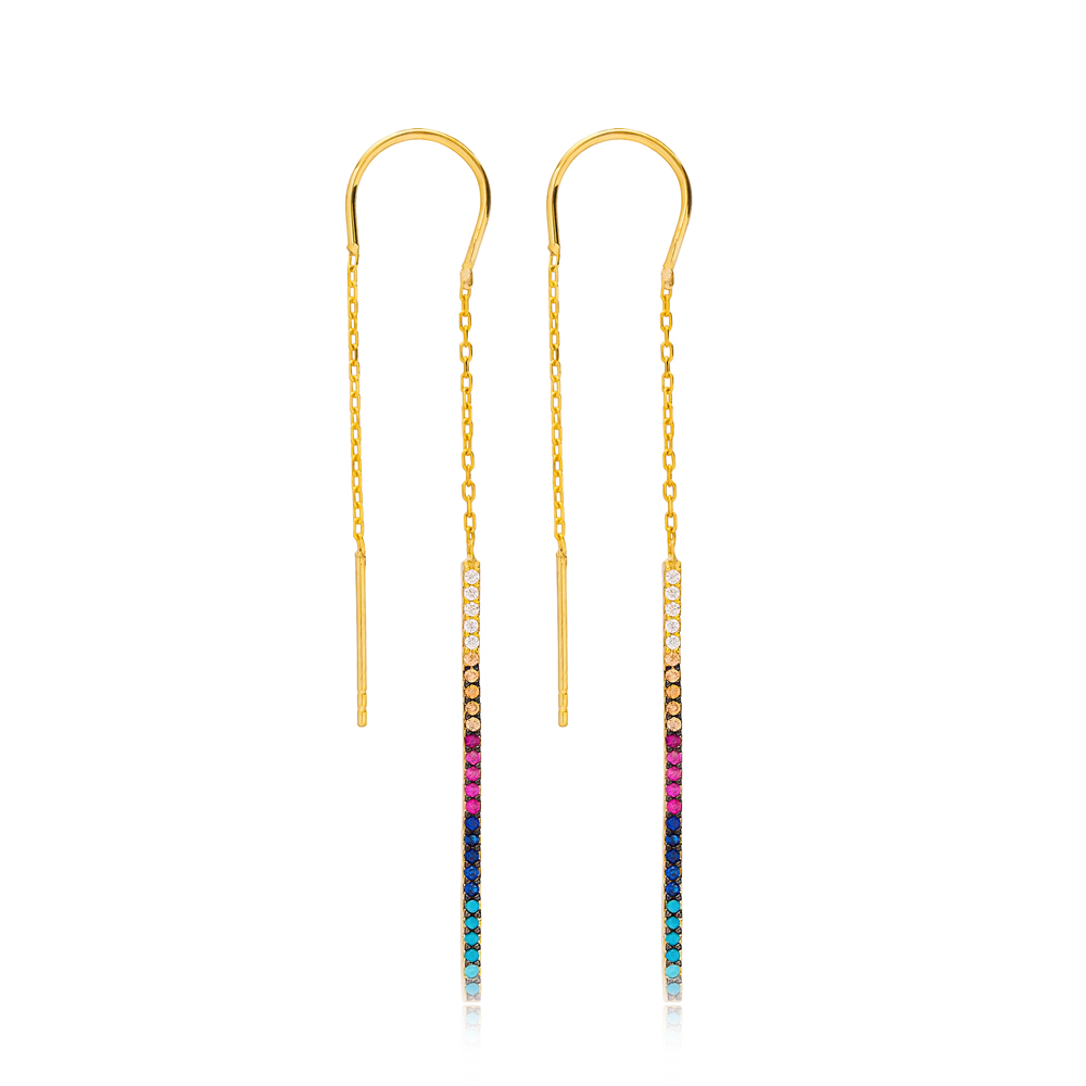 Rainbow Thin Design Threader Earrings Wholesale 925 Sterling Silver Jewelry