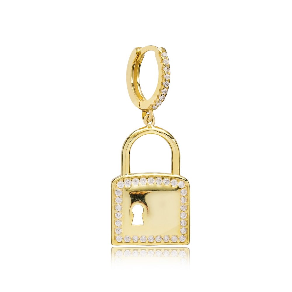 Padlock Design Single Earring Turkish Wholesale Handmade 925 Sterling Silver Jewelry