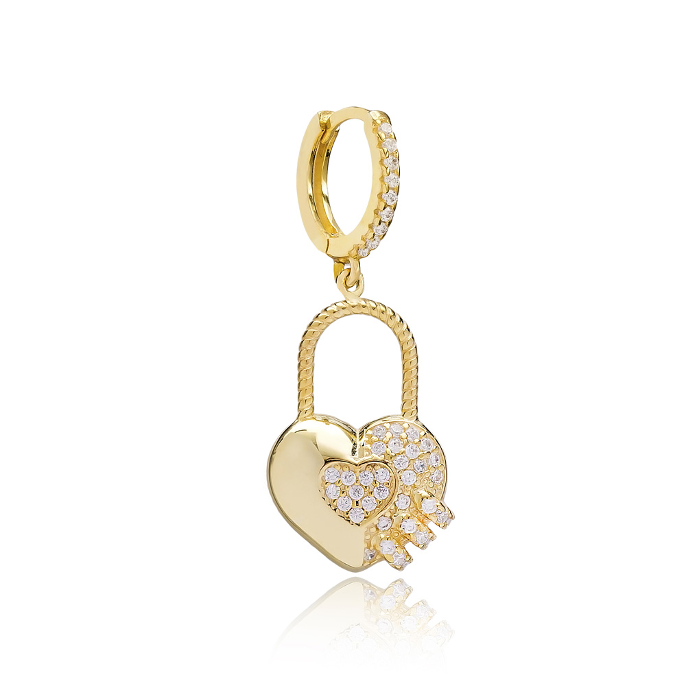 Heart In Padlock Design Single Earring Turkish Wholesale Handmade 925 Sterling Silver Jewelry