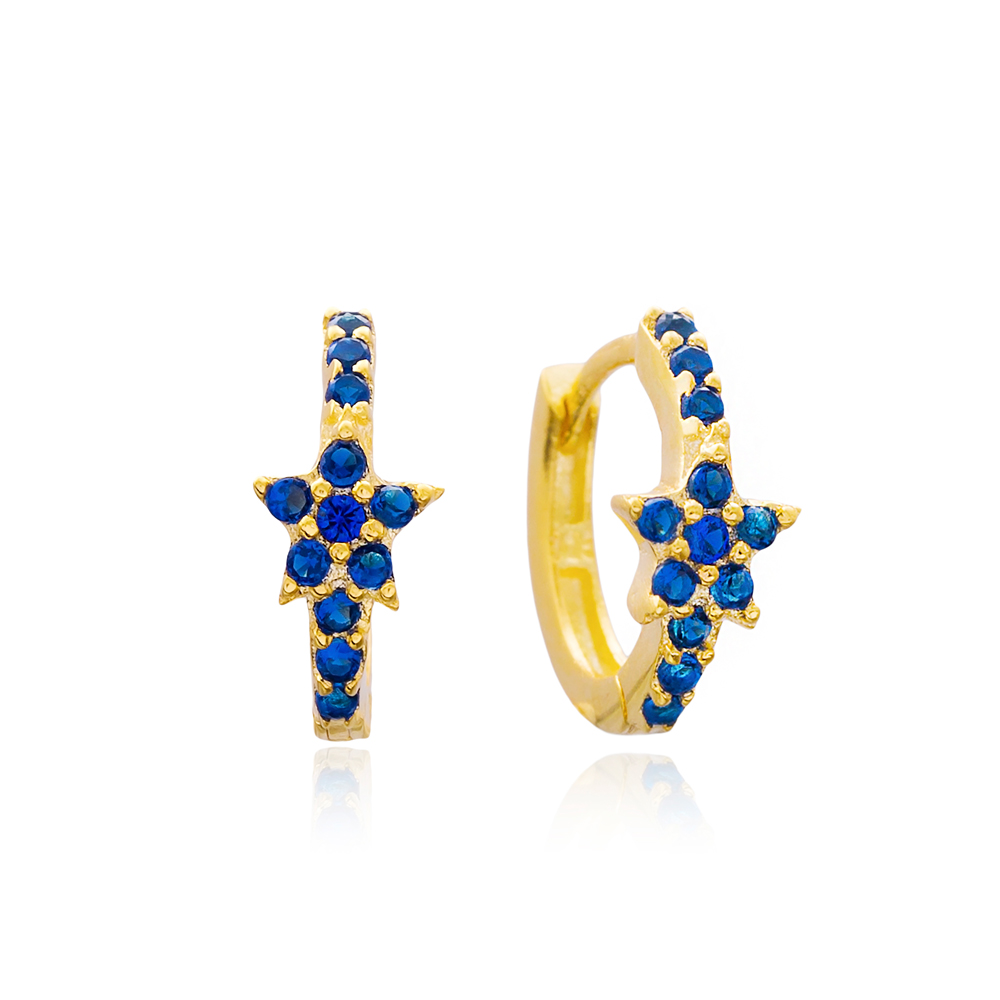 Sapphire Star Hoop Earrings Turkish Wholesale 925 Sterling Silver Jewelry