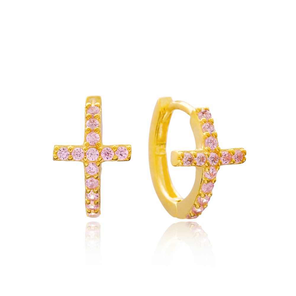 Cross Pink Stone Hoop Earrings Turkish Wholesale 925 Sterling Silver Jewelry