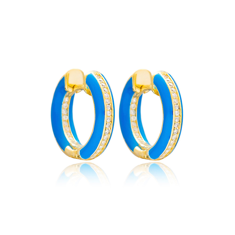 Blue Enamel Zircon Stone Hoop Earrings Turkish Wholesale 925 Sterling Silver Jewelry