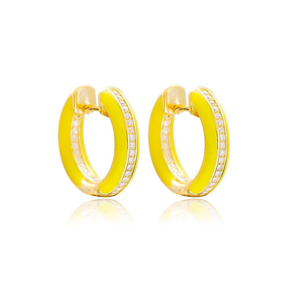 Yellow Enamel Zircon Stone Hoop Earrings Turkish Wholesale 925 Sterling Silver Jewelry