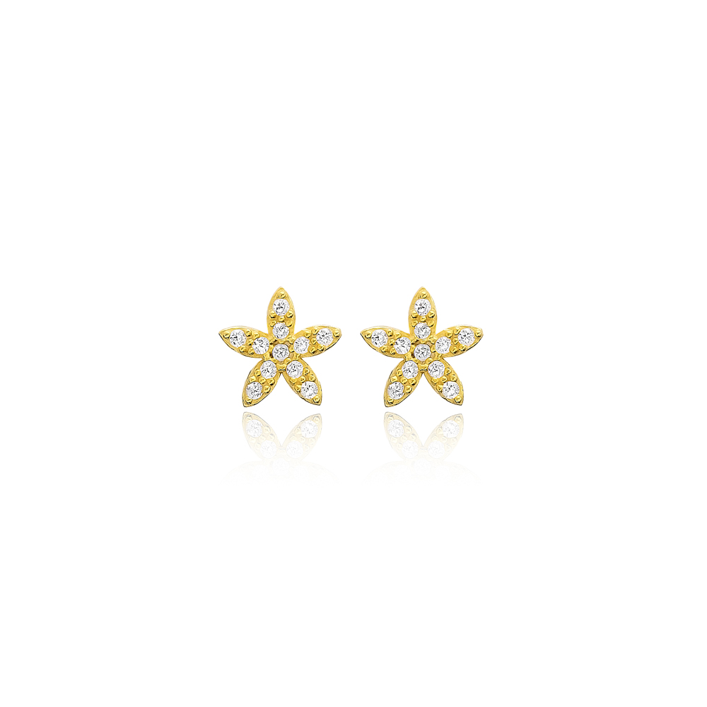 Minimalist Flower Design Zircon Stone Stud Earrings Turkish Handmade Wholesale 925 Sterling Silver Jewelry