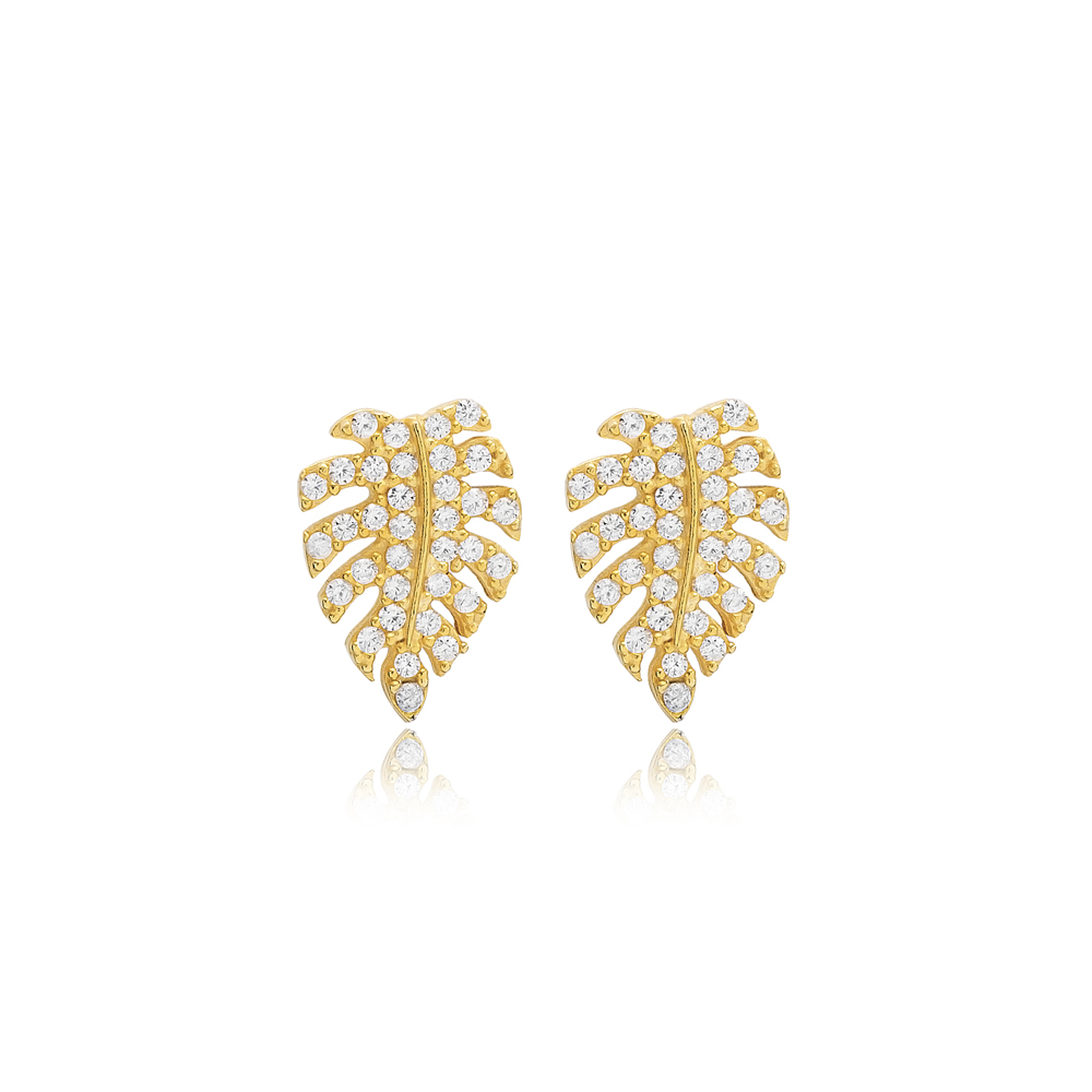 Tropical Leaf Design Zircon Stone Stud Earrings Turkish Handmade Wholesale 925 Sterling Silver Jewelry
