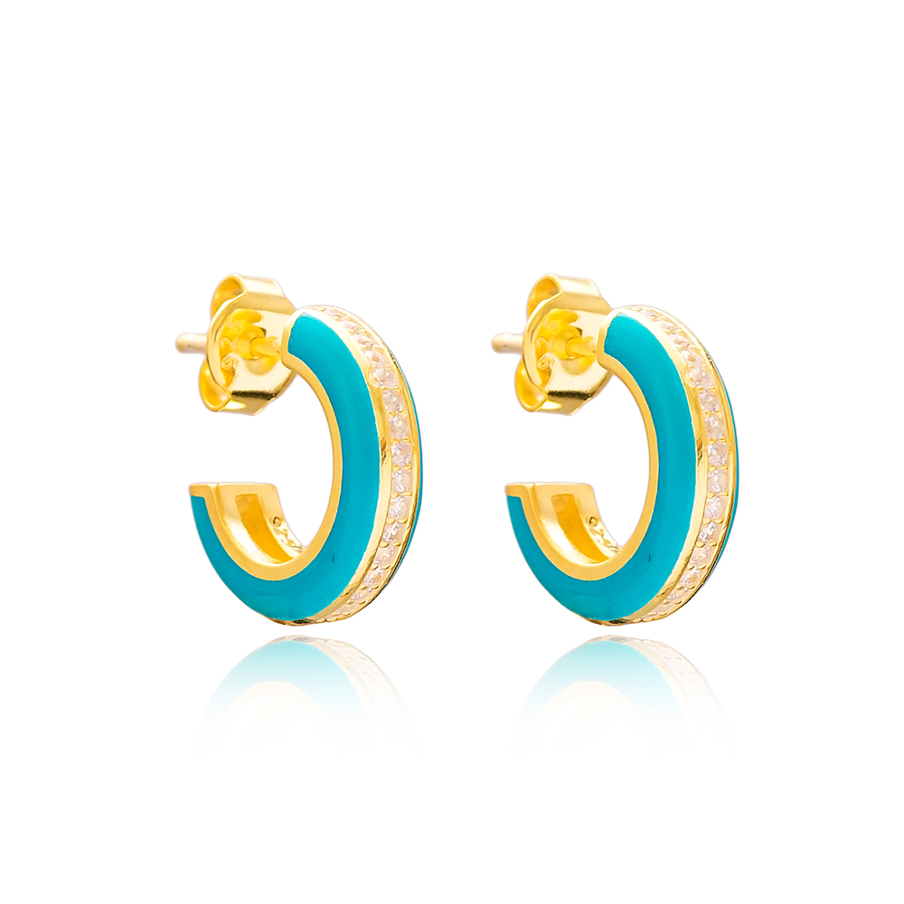 Ø14 mm Minimal Turquoise Enamel Stud Earrings Turkish Handmade Wholesale 925 Sterling Silver Jewelry