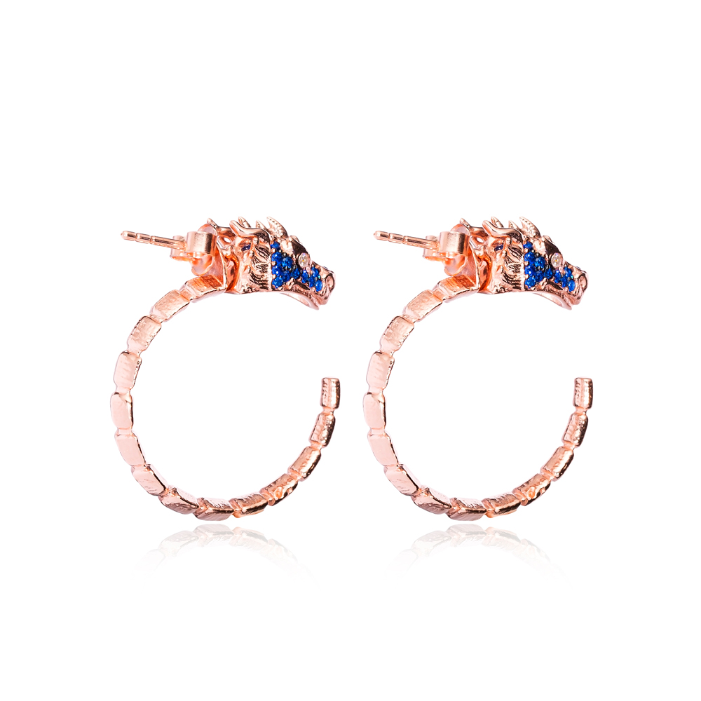 Dragon Design Sapphire Stone Hoop Earrings Turkish Handmade Wholesale 925 Sterling Silver Jewelry