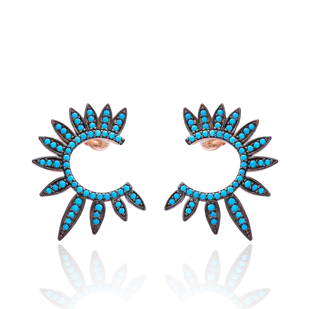 Half Round Of Wing In Stud Earring Turquoise Wings Earrings Turkish Handmade Wholesale 925 Sterling Silver Jewelry