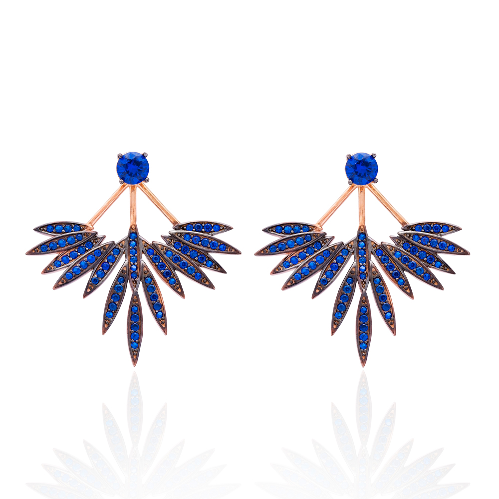 Sapphire Stone Phoenix Wings Earrings Turkish Wholesale 925 Sterling Silver Double Side Earring