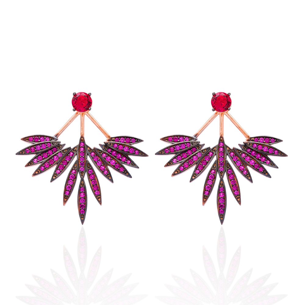 Ruby Stone Phoenix Wings Earrings Turkish Wholesale 925 Sterling Silver Double Side Earring