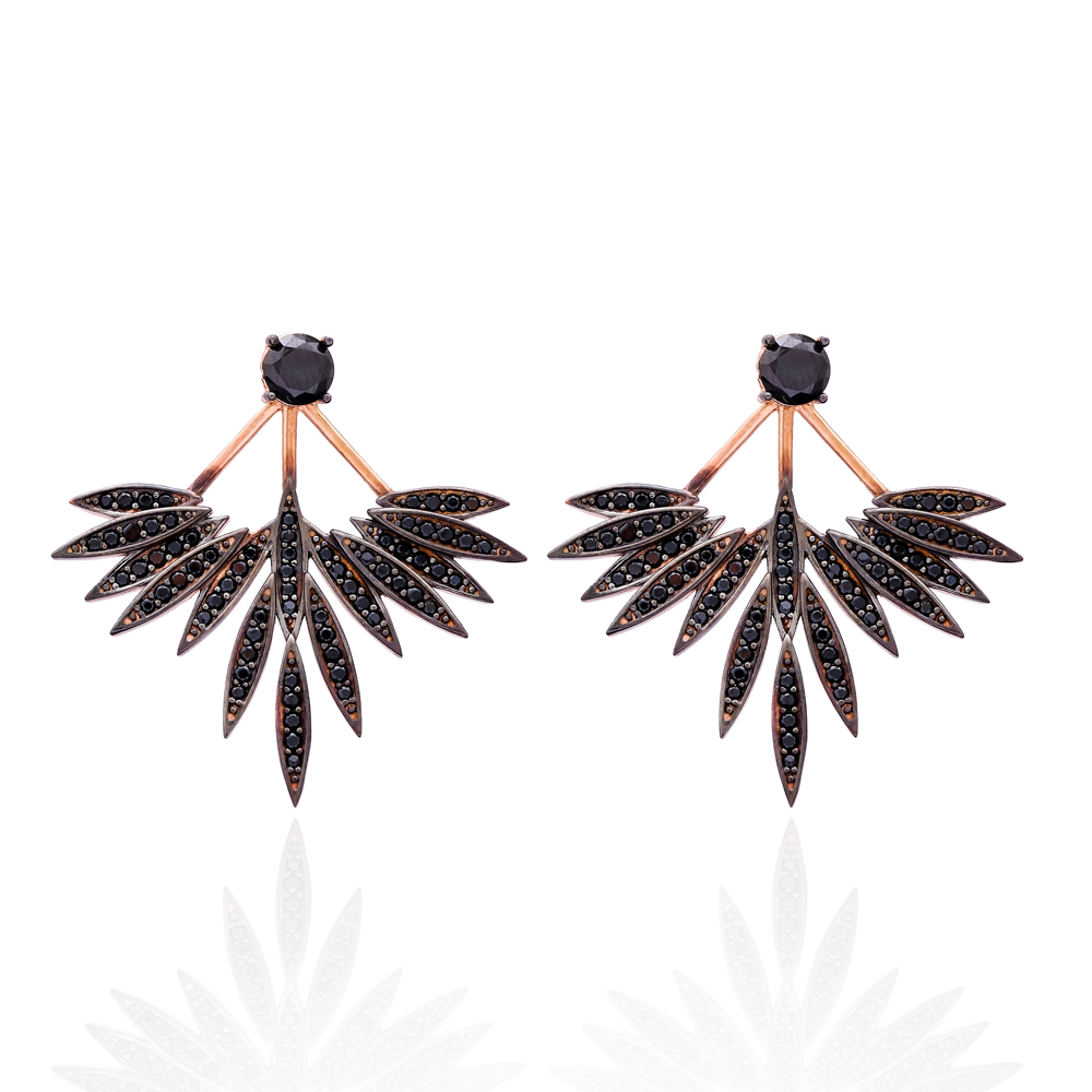 Black Zircon Phoenix Wings Earrings Turkish Wholesale 925 Sterling Silver Double Side Earring