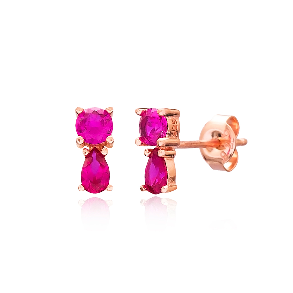 Double Shape Ruby Stone Stud Earrings 925 Sterling Turkish Handmade Wholesale Silver Jewelry