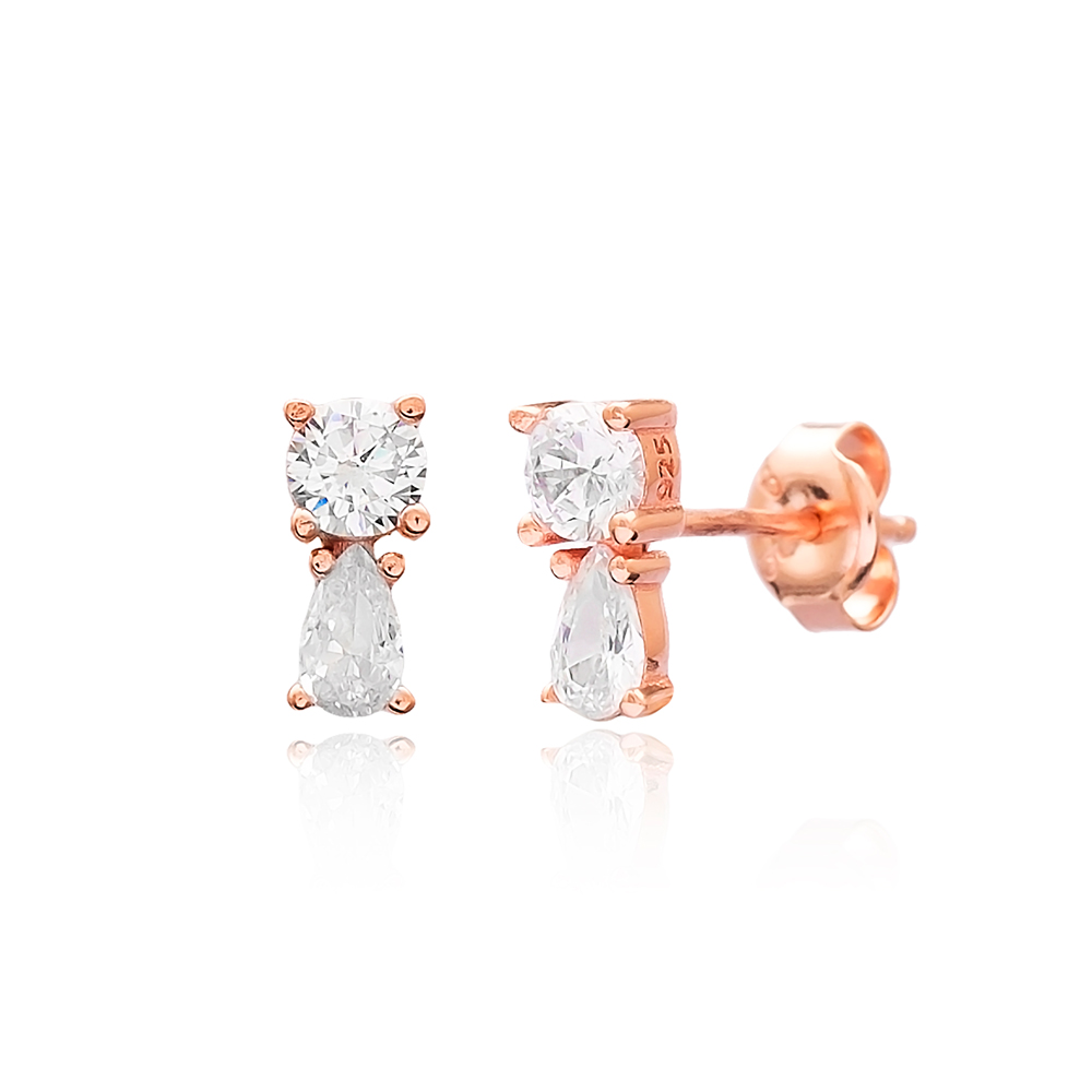 Double Shiny Zircon Stone Stud Earrings 925 Sterling Turkish Handmade Wholesale Silver Jewelry