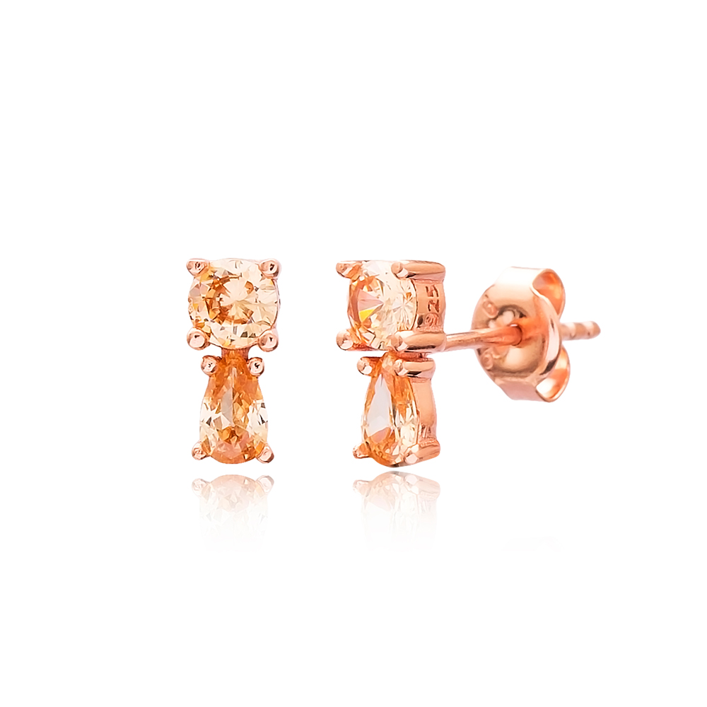 Double Orange Quartz Stone Stud Earrings 925 Sterling Turkish Handmade Wholesale Silver Jewelry