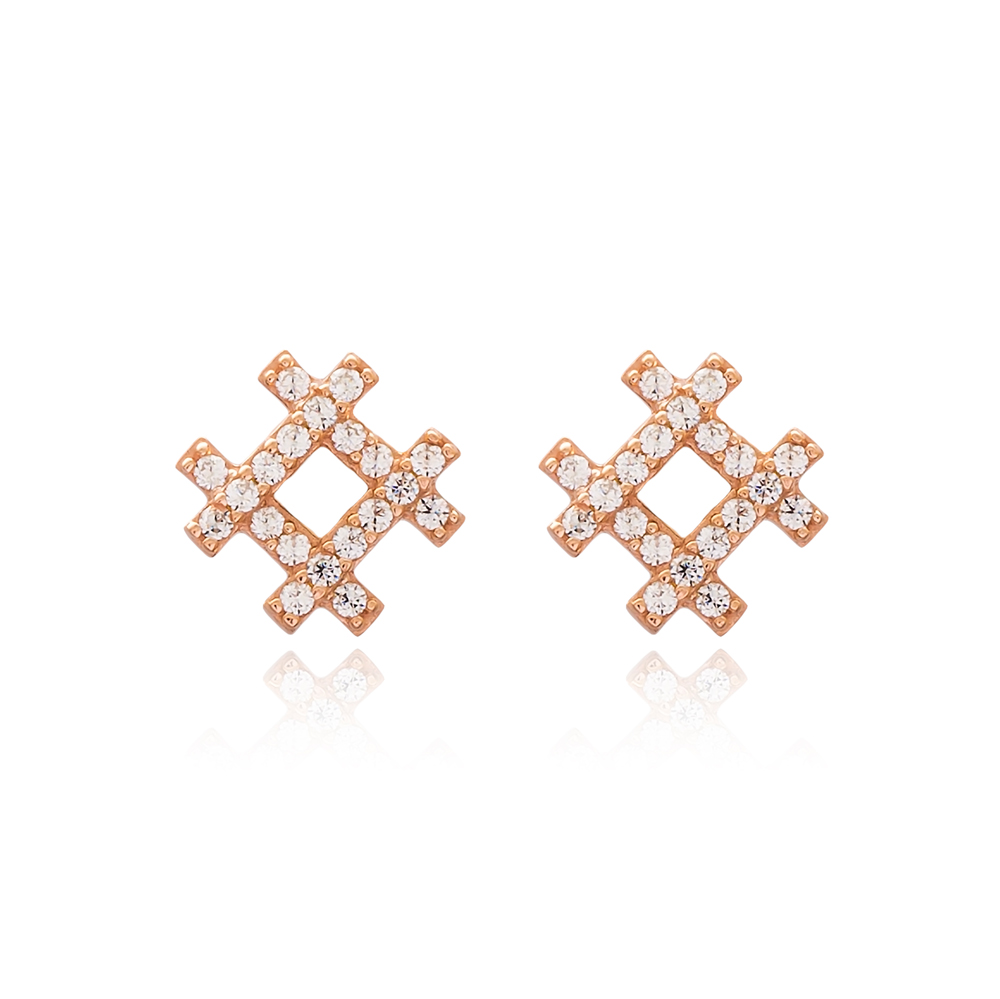 Square Stud Earring Turkish Handmade 925 Sterling Silver Jewelry