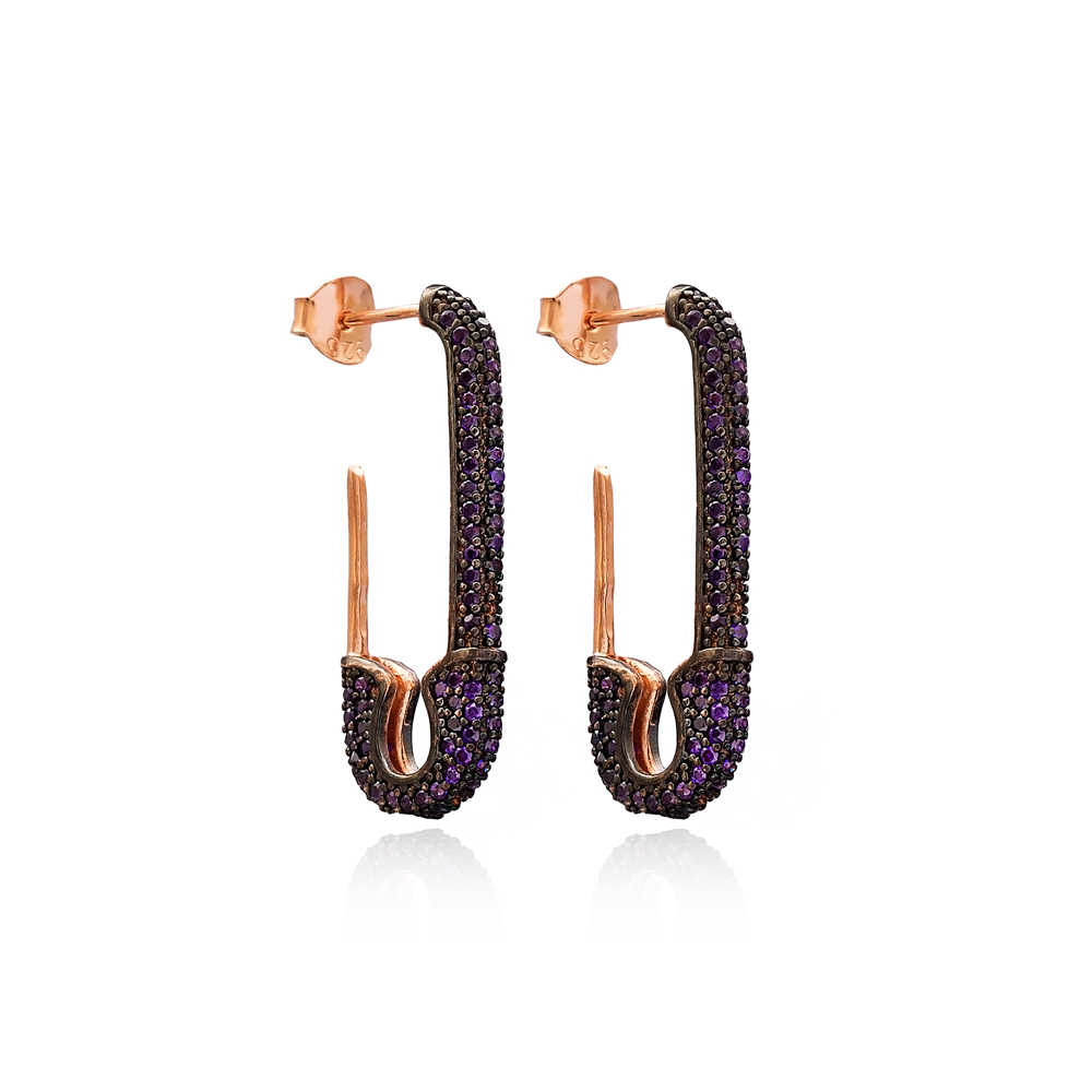Safety Pin Black Zircon Stud Earrings Wholesale 925 Silver Jewelry