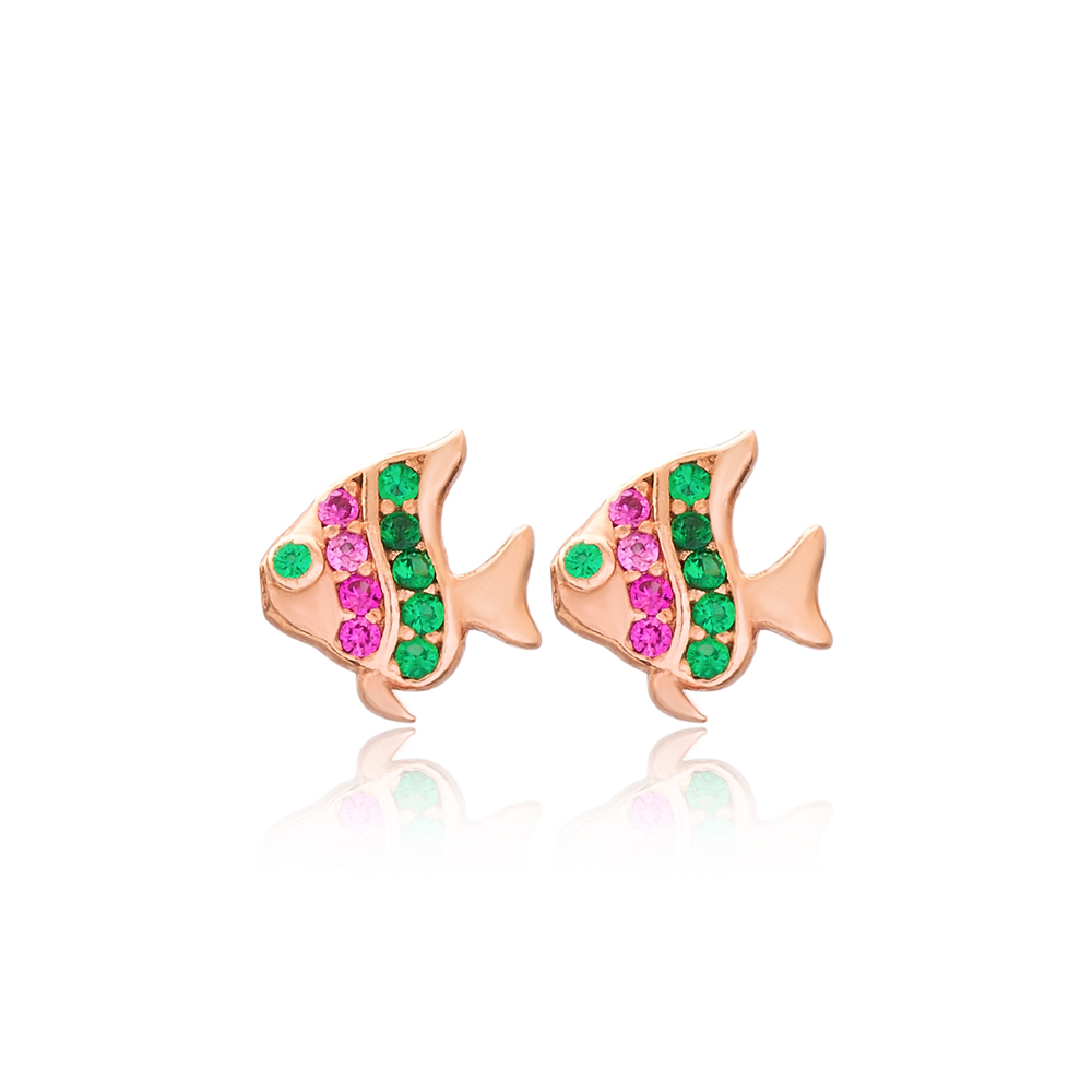 Colorful Fish Design Stud Earrings Turkish Wholesale 925 Sterling Silver Jewelry