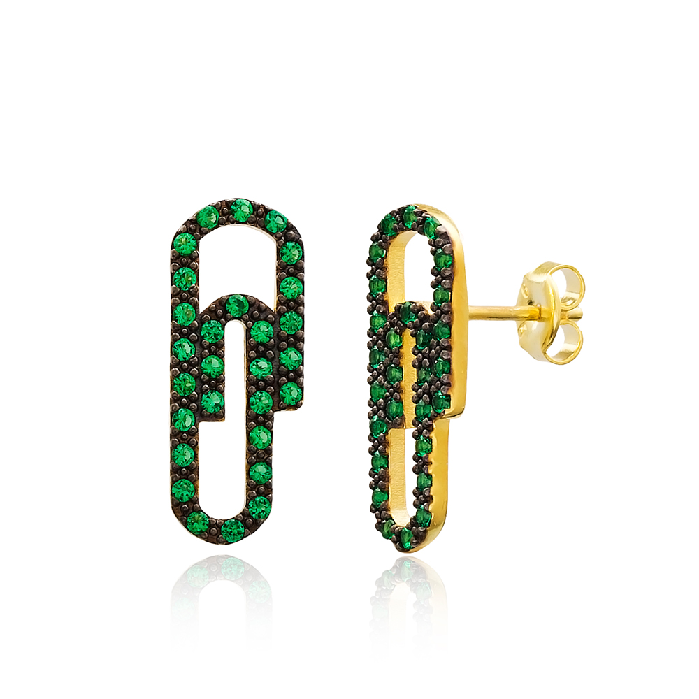 Emerald Stone Paperclip Design Stud Earrings Turkish Wholesale 925 Sterling Silver Jewelry