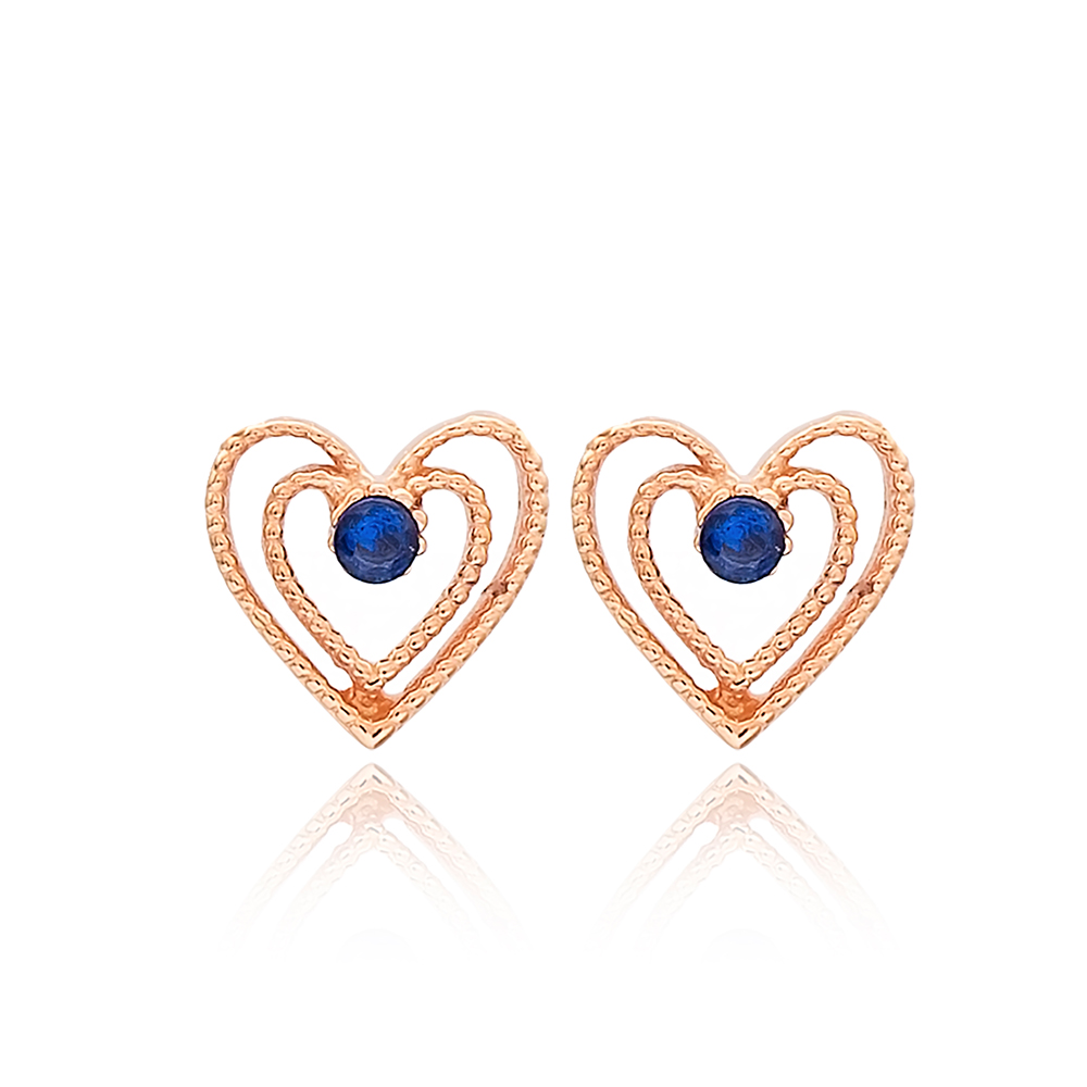 Intertwined Heart Design Sapphire Stone Stud Earrings Turkish Handcrafted Wholesale Jewelry 925 Sterling Silver Earrings