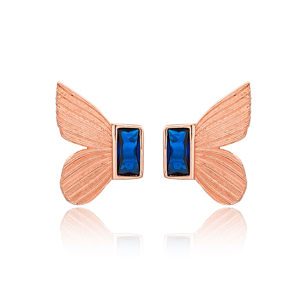 Butterfly Design Sapphire Stone Stud Earrings Turkish Handmade Wholesale 925 Sterling Silver Jewelry