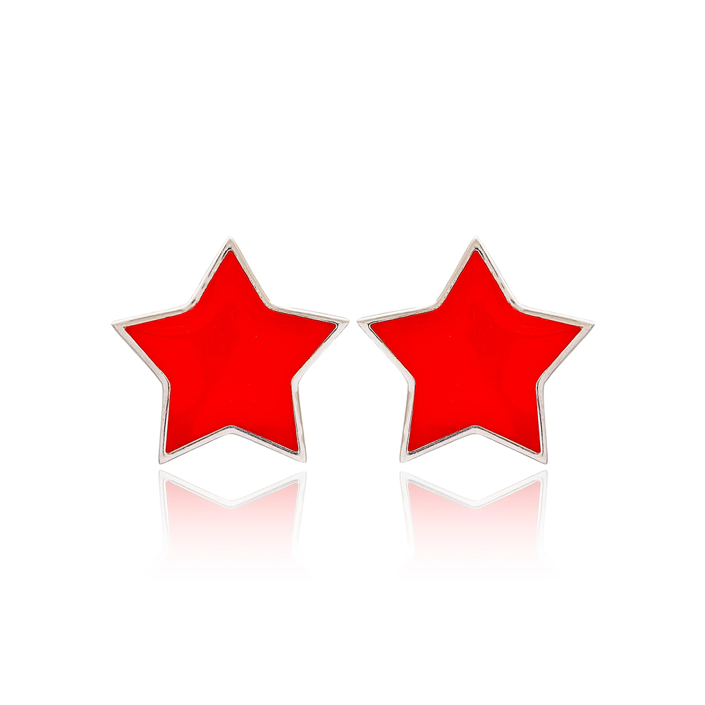 Red Enamel Star Design Stud Earrings Turkish Handmade Wholesale 925 Sterling Silver Jewelry