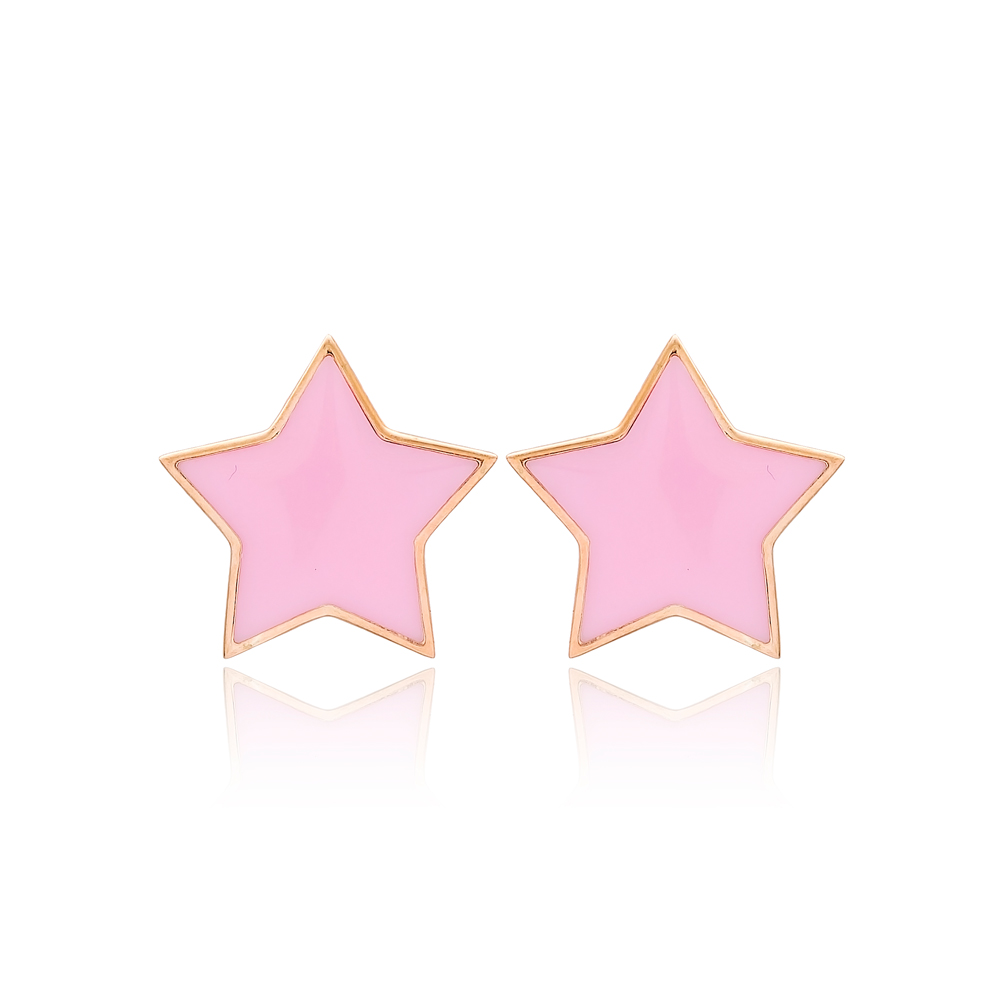 Pink Enamel Star Design Stud Earrings Turkish Handmade Wholesale 925 Sterling Silver Jewelry