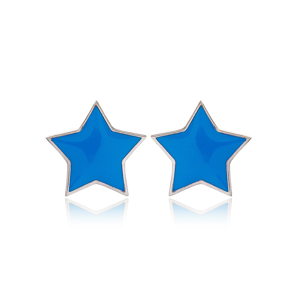 Blue Enamel Star Design Stud Earrings Turkish Handmade Wholesale 925 Sterling Silver Jewelry