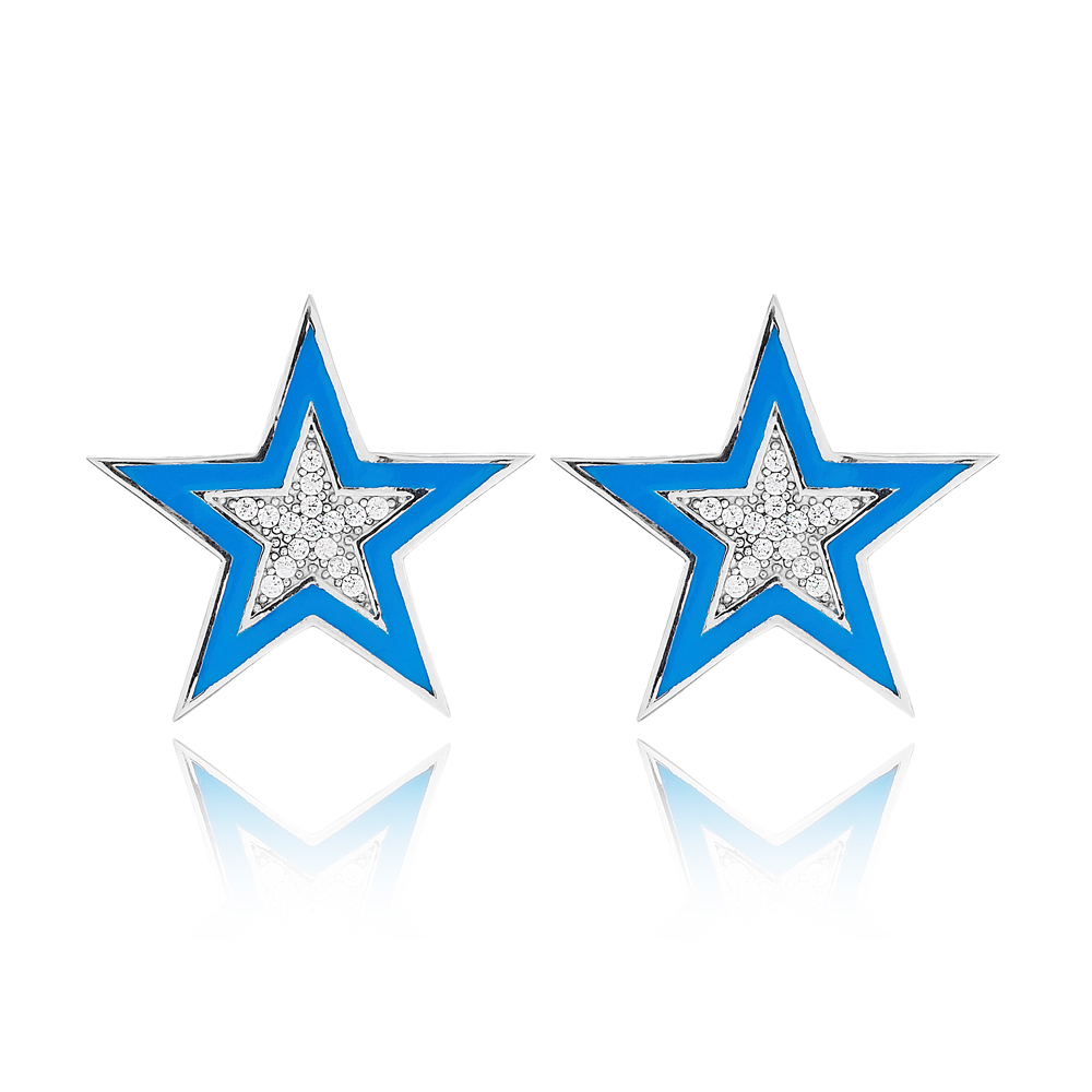 Zircon Stone Blue Enamel Star Design Stud Earrings Turkish Handmade Wholesale 925 Sterling Silver Jewelry