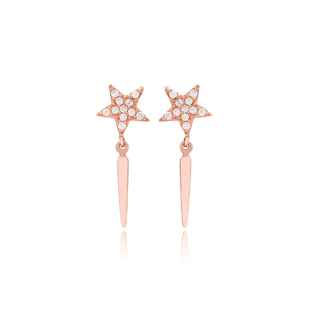 Thin Rod Star Design Zircon Stone Stud Earrings Turkish Handmade Wholesale Jewelry 925 Sterling Silver Earrings