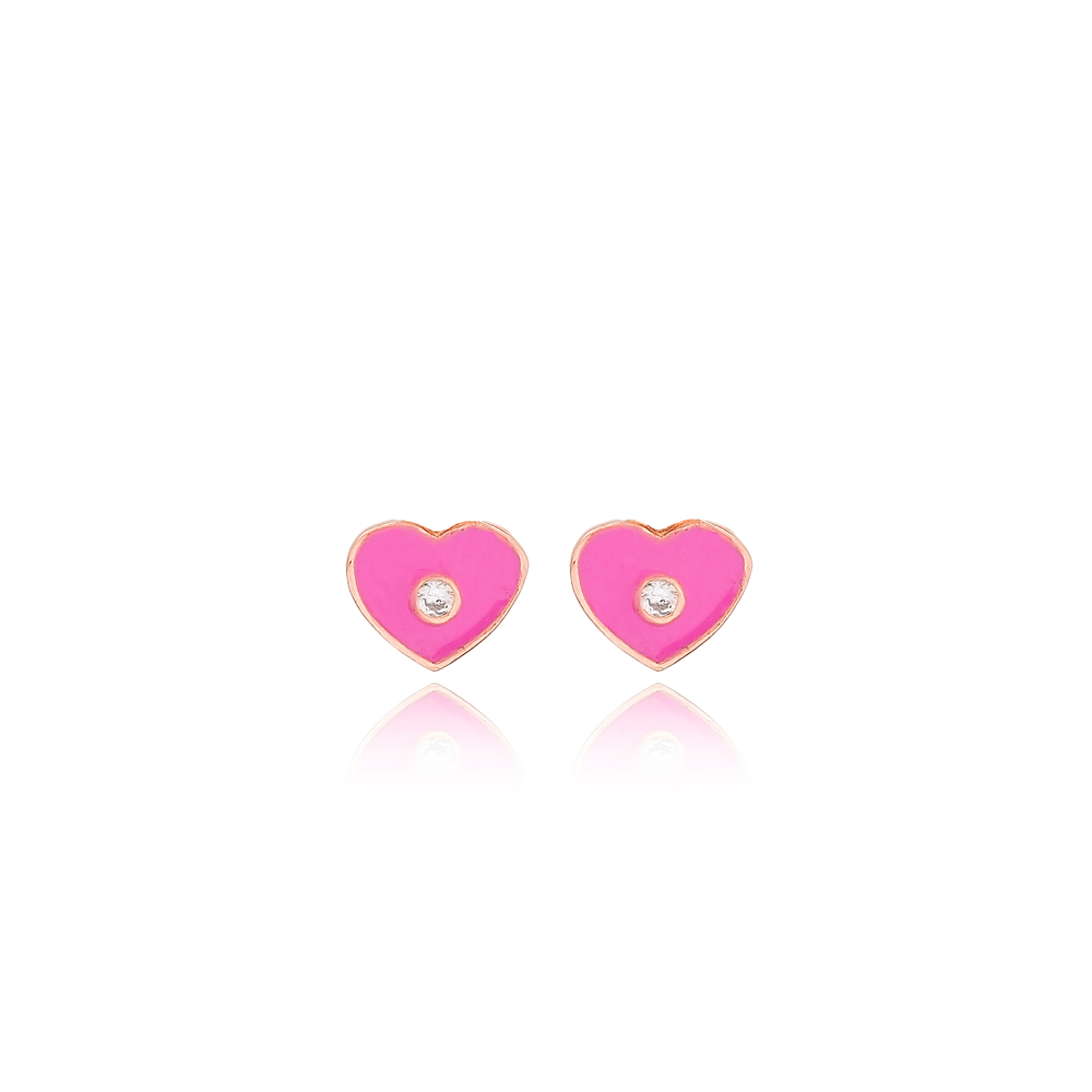 Pink Enamel Heart Design Stud Earrings Turkish Wholesale Sterling Silver Jewelry