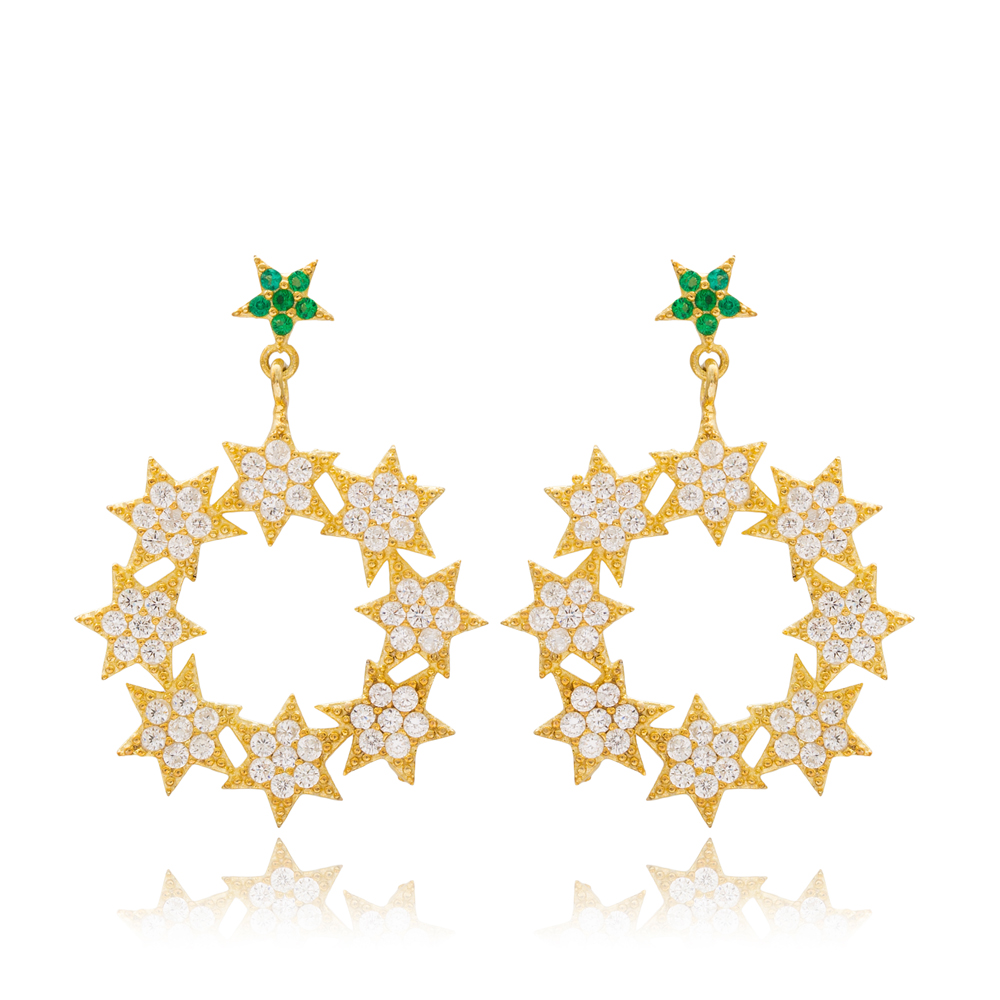 Star Design Round Elegant Earrings Turkish Wholesale 925 Sterling Silver Jewelry