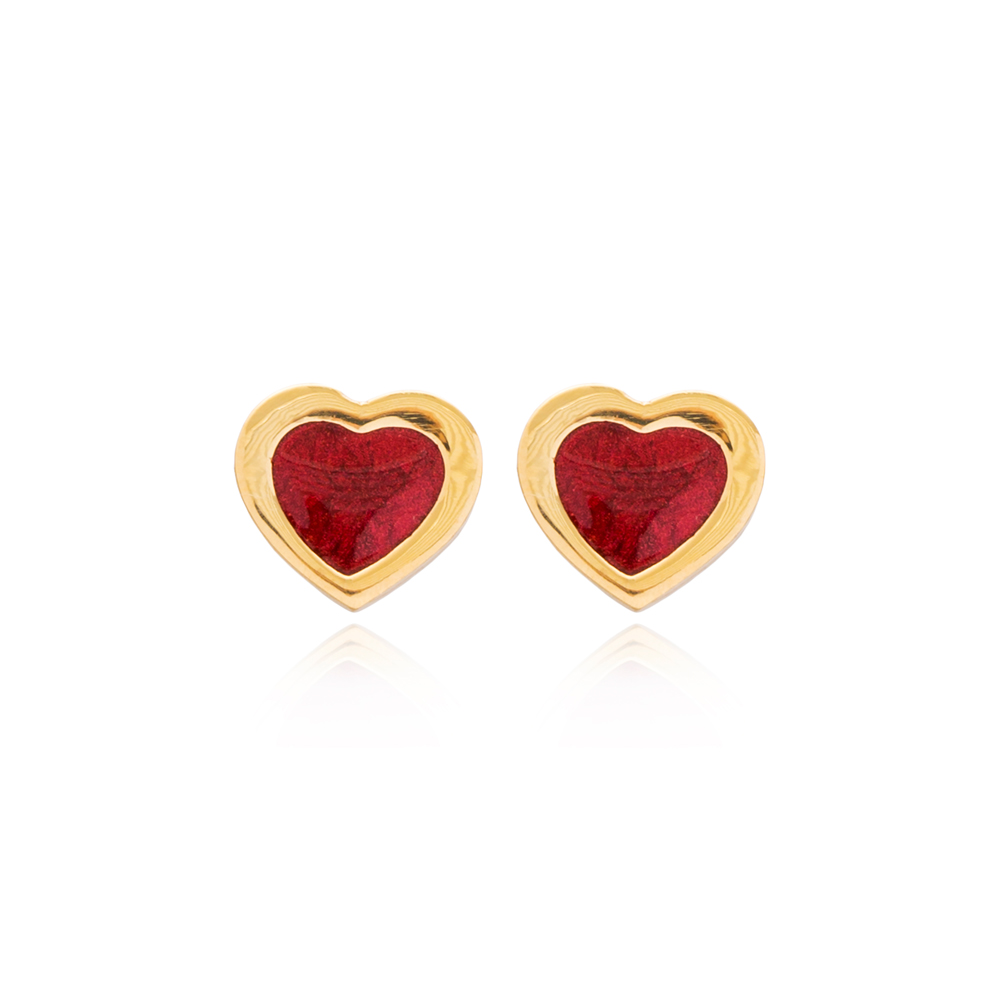 Claret Red Enamel Heart Design Stud Earrings Wholesale Turkish Sterling Silver Jewelry