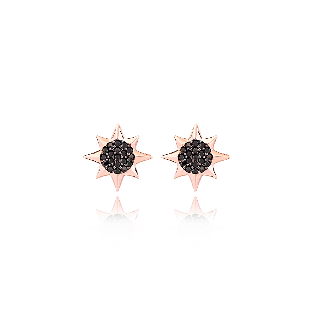 North Star Design Black Zircon Stone Stud Earrings Wholesale Turkish Handmade 925 Sterling Silver Jewelry