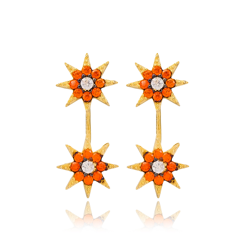 Star Shape Orange Zircon Stone Stud Earring Handcrafted Wholesale Turkish 925 Silver Sterling Jewelry