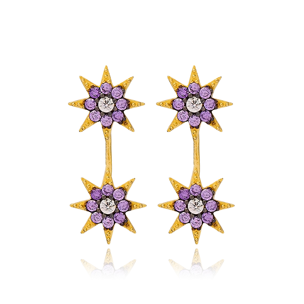 Amethyst Stone Zircon Design Stud Earring Handcrafted Wholesale Turkish 925 Silver Sterling Jewelry