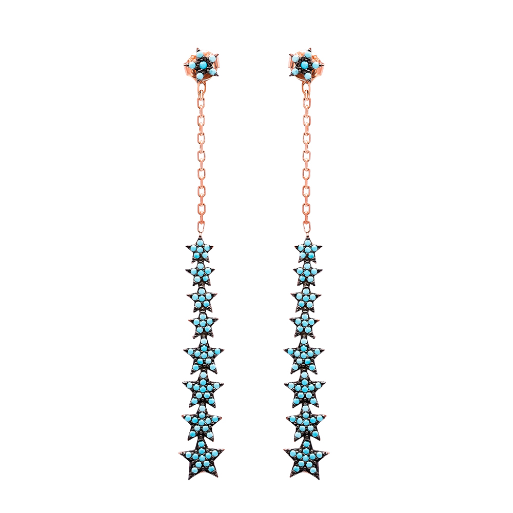 Nano Turquoise Ear Thread Long Star Turkish Wholesale Handcrafted Silver Earring