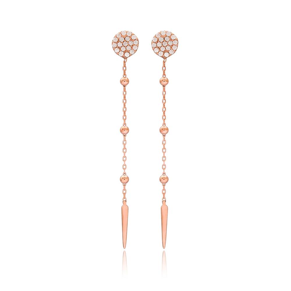 Unique Thin Zircon Stone Design Long Earrings Turkish Handcrafted Wholesale Jewelry 925 Silver Sterling Earrings