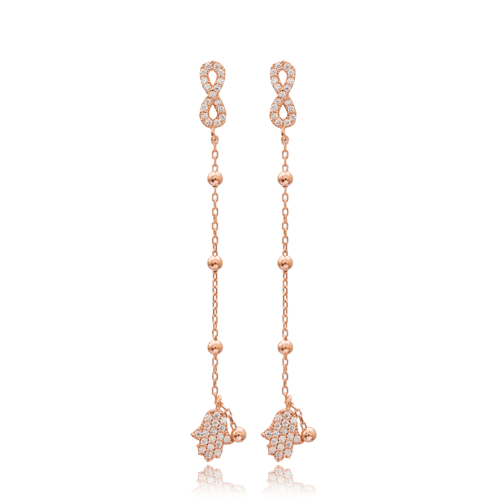 Hamsa with Infinity Design Zircon Stone Long Earrings Turkish Handmade Wholesale Jewelry 925 Silver Sterling Earrings