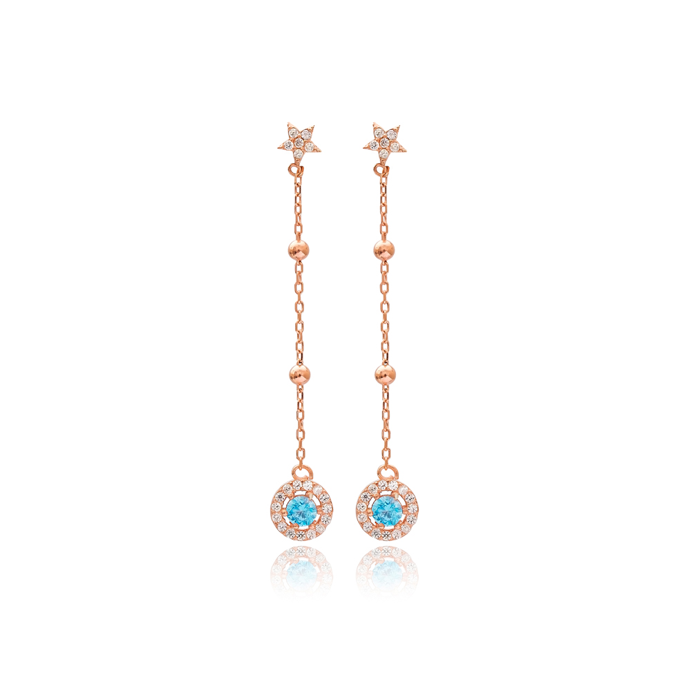 Star Design Aquamarine with Zircon Stone Round Shape Long Earrings Turkish Handmade Wholesale Jewelry 925 Silver Sterling Earrings
